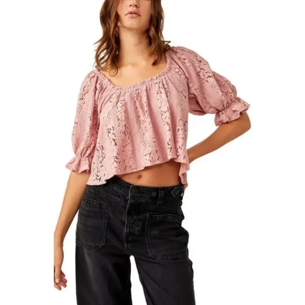 NEW Free People Stacey Lace Blush Tint Puff Sleeve Top Blouse Cropped Flowy